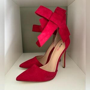 JustFab Red Suede Pointed-Toe High Heels with Ankle Bow